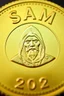 Placeholder: view of the word, Sam, Samarrrai , on a gold coin ,with picture of , hooded man head , 2024 ,in the middle of the coin.