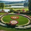 Placeholder: a round dance stage with decor mane in country side in center of picture ,green field ,flowers , small river,camera looking at horison