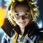 Placeholder: Detailed anime portrait of denki From my hero academia, yellow hair, black suit, intricate details, full body portrait, keep head in frame, slight smile, black Japanese motif, concept art, highly detailed, digital painting, concept art, sharp focus, illustration, art by Yoji Shinkawa, WLOP and greg rutkowski and alphonse mucha and artgerm and yanjun Chen and Junji ito and Makoto Shinkai, HDR, octane render