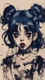 Placeholder: Poster in two gradually, a one side malevolent goth vampire girl face and other side the Singer Melanie Martinez face, full body, painting by Yoji Shinkawa, darkblue and sepia tones,