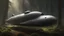 Placeholder: Sleek, smooth, small Cargo Spaceship, shaped like a submarine, landing in a forest