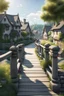 Placeholder: [Waterscape] Afternoon summer walking is in the village town, the main role is the gray wolf, standing on the bridge near the gardens, 8K resolution, high quality, ultra graphic, and detailed with lines.