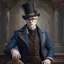 Placeholder: Hyper realistic human male with pale skin and wearing fantasy noble clothes, wearing a top hat with glasses. with short blonde hair and blue eyes,