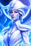 Placeholder: Femme galactique magnifique, commandante d'une flotte de vaisseaux, gardienne de la galaxie en combinaison blanche lumière détailes violets et bleux, au poste de commandement du vaisseau mère tout blanc très lumineux, faisseaux bleuté au dessus de sa tête