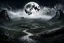 Placeholder: (BIG silver moon 1) perfect circe, over the dark , mystic land, white fog, dark colors, empty landscape, in the distance ruins, srtange, sinister , dark fantasy