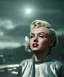 Placeholder: Ultra Realistic retro sci-fi 1960 scene, waist up view portrait, blonde woman, sweet young Marilyn Monroe face, perfect iris, tight latex coat, Strange planet background, Retro sci-fi style glass helmet, sphere dron, fog, rain, soft color, highly detailed, unreal engine 5, ray tracing, RTX, lumen lighting, ultra detail, volumetric lighting, 3d, finely drawn, high definition, high resolution.