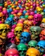 Placeholder: a field of skulls, multi colored, bright, vivid, psychedelic, high detailed, matte, , horrorcore, lining the street, unsettling contrast