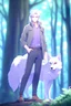 Placeholder: The handsome and perfect full body is on the spruce land, anime, a casual, gray-haired and lilac-eyed male character with wolf ears and a feline tail in the forest, 8K resolution, high quality, ultra graphics, and detailed with lines.