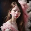 Placeholder: Feathering portrait of Mia goth, Cotton candy dress,rosy cheeks