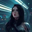 Placeholder: a pretty woman, dark hair, futuristic, contemplative, digital art, stylised