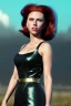 Placeholder: retro portrait image from 1960, sky background, wind, long red hair, fighting stance, sweet young Scarlett Johansson, black dress, classic tight lycra black suit, weapon, gold bracelet and belt, high heel boots, soft color, highly detailed, unreal engine 5, ray tracing, RTX, lumen lighting, ultra detail, volumetric lighting, 3d, finely drawn, high definition, high resolution.