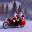 Placeholder: multiple santas driving a motorcycle arround christmass tree