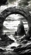 Placeholder: image of A rocky portal of a strange ring with strange symbols on it , the world of gray. those in the grayscale. Those beyond the portal in the color world are scary a stormy wether in the. Background in fine lines draw