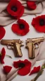 Placeholder: Two gold pistols and a red notebook on a white scarf. A bed of red poppies. Close-up from above.cinematic