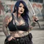 Placeholder: Picture of a photrealistic, lifelike,young 33 year old chubby extreme tatood girl with big scary knifes in her hands and a 46 years old extreme tatooed woman, dressed in gothpunk clothing and boots,