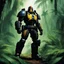 Placeholder: [a plane warhammer 40,000] judge dredd in heavy power armour, with boots in the jungle were a plane crashed