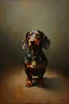 Placeholder: nostalgic oil painting, vintage aesthetics, minimalism, realism, Rembrandt, dachshund's journey, in the style of eastman johnson, emphasis on mood and atmosphere, reduced palette