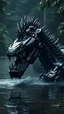 Placeholder: A dynamic perspective showcasing the fusion of organic and mechanical elements, depicting a fully robotic black mecha-anaconda. Its intricate mechanisms are driven by interlocking gears and complex mechanical teeth embedded throughout its massive frame. The anaconda's mane is ingeniously replaced with a rotating gear system, amplifying its cybernetic presence. With hyper-techno aesthetics, it prowls silently through the dense, mist-laden river, its reflective metal plating catching glimpses of b