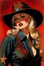 Placeholder: (blonde cowgirl 30 yo with long eyelashes and eye shadow) in Tombstone, AZ 1898, by Gil Elvgren, Alex Ross, and Carne Griffiths