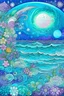 Placeholder: in the lilac-turquoise sea, waves in the sky beautiful rainbow flowers spiral patterns sparkling zentangle vortices, mother-of-pearl clouds, moon