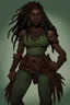 Placeholder: dungeons and dragons character portrait of a beast human female warrior with black skin and dreadlocks and thick eyebrows and big nose and big fangs and green eyes. Make her fangs visible.