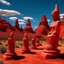 Placeholder: Red badlands in scorching heat designed in Hawaiian tiki statues painted by Michelangelo di Lodovico Buonarroti Simoni