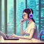 Placeholder: a side view of a beautiful girl sitting on her desktop writing something, headphones on, hand on her chin, nightlamp, digital art, anime, studio ghibli style, window and city background, portrait