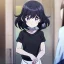 Placeholder: Clear focus, High resolution, short black fluffy hair, purple eyes, long spiky locks, wearing a black sweater with a white collar, wearing a white skirt, anime screencap