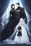 Placeholder: A beautiful young woman with long white hair and blue eyes, pale skin with opal freckles. Wearing a black dress. A man with long black hair in a Victorian suit. Couple.