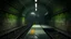 Placeholder: GAME CONCEPT ART .two poin perspective.Station platform and stairs .Inside the old subway tracks, . Low light and closed green moss walls. Like the original design of the game space ,digital art.landscape,far camera old painting,2 Chen and George Hopper, Rembrandt lighting, a dark green color scheme, ethereal light. --ar 13:16 --v 6. 0 metro game
