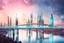 Placeholder: Dreamlike Skyline of Downtown futuristic hightech city in 4050 and a stunning futuristic Bridge During. dark grey and black clouds , storm, dark azur color river, cold colors, come storm, rain, high detalied, sci-fi, landscape