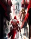 Placeholder: Assassin creed con dagas y espadas caminando de frente por Venezia arte digital hiperdetallado detalles intrincados obra de arte rojo blanco 8k