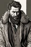 Placeholder: man, medieval, fighter, russian, croocked nose, czar, rich, simple clothes, short messy hair, thick beard, oligarch, leather coat with fur, brocade clothes, pencil drawing, black or red hair, muscles, background frame, 28 years old