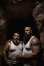 Placeholder: full figure shot photography of two chubby stocky arabs prisoners embraced close, 43 years old in white boxer and dirty tank top, short hair, beard, hairy, sweat, tattoo, in a dark cave, ugly, bullneck, muscular, manly chest, manly arms, emotive eyes, photorealistic, ultradetailed, 32k, ambient occlusion, lit by bonfire, misery and poverty, side view from below