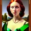 Placeholder: oil Portrait of a redhead beautiful busty voluptous adult woman with emeralds necklace with big green sad eyes looking to viewer by GRANT WOOD Ingres 8k