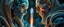 Placeholder: family photo, Close-up confrontation between an ancient alien outcast leader synth and a space broker, standing only a meter apart, intense eye contact, glowing crystalline rod between them, anger mixed with sadness, dramatic facial expressions, shallow depth of field, cinematic lighting, stylized 3D anime, airbrush painting, crisp outlines, escher , rembrandt and hr giger