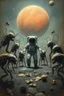 Placeholder: Bosch painting style, an astronaut surrounded by wired creatures on a surface of an known planet