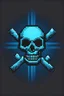 Placeholder: An 8 bit style skull and cross bones logo with a spooky blue glow