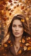 Placeholder: a woman surrounded by falling autumn leaves, capturing the essence of seasonal beauty. Emphasize the warm, earthy tones and the play of light as it filters through the falling foliage