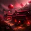 Placeholder: A dark reddish magenta oriental village with fiery orbs painted by Zhang Lu