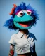 Placeholder: hybrid character, waitress sexy Asian woman with monster muppet mask that covers her entire head, pop blue, short shirt, old school tattoo, retro style, Sesame Street style, neon, smooth, unreal engine 5, god lights, ray tracing, RTX, lumen lighting, ultra detail, volumetric lighting, 3d.