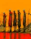Placeholder: long-legged surreal lean black-grey figures with ribbon-shaped heads in overcoat, profile, semi-silhouettes among ramshackle ruins in a barren landscape of red, yellow, black and beige colors, intricate acrylic painting