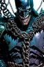 Placeholder: a close up of a person holding chains, the batman who laughs, jason fabok. greg staples, arkham city, gabriele dell'otto, joker wearing vader's armor suit, by Ryan Stegman, joker wearing vader's armor, david tennant as spawn, as illustrated in top cow comics, grotesque joker, venomized, jason fabok