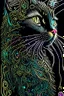 Placeholder: Wet color inks line art whimsical dreamy cat portrait with lot of ornament filigrees on black canvas illustration described in the perfect fractal style of Vassily Kandinsky, Jackson Pollock, Alphonse Mucha and Jeremy Mann, HQ, 4K