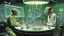 Placeholder: [art by Norman Rockwell] two green extra terrestrial aliens in their experiment lab in the 60ties, they are tubes and cables and liquids everywhere