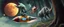 Placeholder: hairy macho gremlin octopus lizard alien couple living in a hi tech marvellous hot dog art graphics and gems on rocket with a mounted sling shot mega harpoon, heading for venus , background motion blur and smoke swirls, and cheeky slug rhino through giant forest with thick tree stumps and grainy textured trees