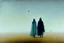 Placeholder: two people without gender seen from behind walking side by side in an empty foggy plain, above there is blue sky by artist "Leonora Carrington",by artist "Christian Schloe"