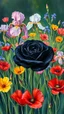 Placeholder: A black rose in the middle of blooming garden of poppies and iris Painting in painted style by Patrick heron , source pinterest , singulart or devian art