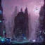 Placeholder: City at night with dark clouds and falling snow