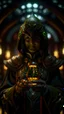 Placeholder: portrait of female Cthulhu elongated ninja priest with bright aura carrying goblet signaling you to obey your master, seen from above, inside hall in mountain, shot on Hasselblad h6d-400c, zeiss prime lens, bokeh like f/0.8, tilt-shift lens 8k, high detail, smooth render, down-light, unreal engine, prize winning